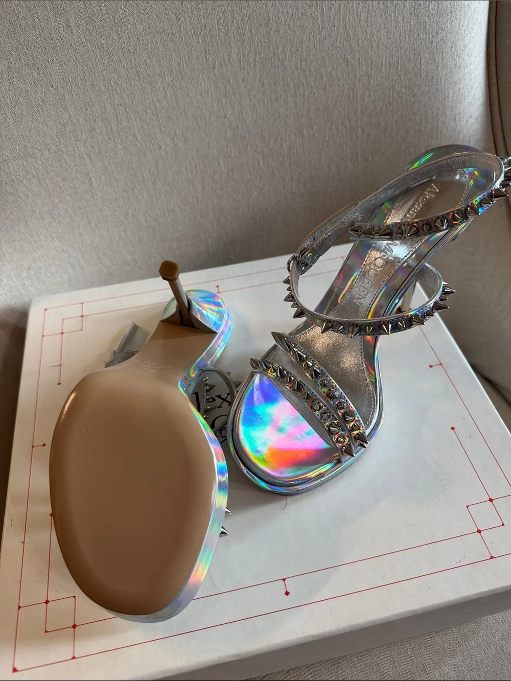 Alexander McQueen Iridescent Holographic Studded High Heel Sandals - Picture 6 of 8